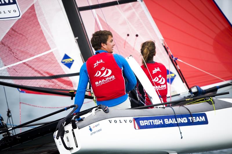 Ben Saxton and Nicola Groves on day 4 of Sailing World Cup Weymouth and Portland photo copyright Pedro Martinez / Sailing Energy / World Sailing taken at Weymouth & Portland Sailing Academy and featuring the Nacra 17 class
