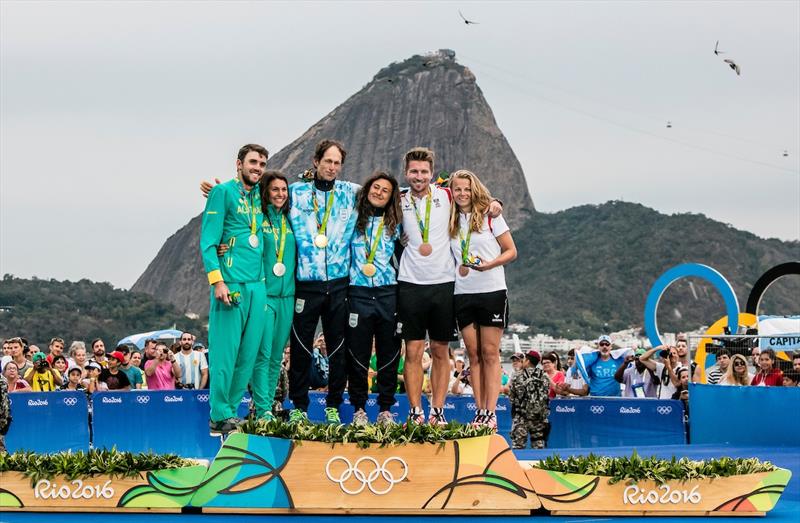 Nacra 17 podium at the Rio 2016 Olympic Sailing Competition photo copyright Sailing Energy / World Sailing taken at  and featuring the Nacra 17 class
