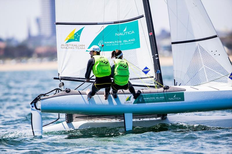 Jason Waterhouse and Lisa Darmanin on day 1 of the Sailing World Cup Final photo copyright Pedro Martinez / Sailing Energy / World Sailing taken at  and featuring the Nacra 17 class
