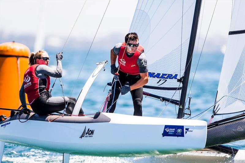Olivia Mackay and Micah Wilkinson won race 6 in the Nacra 17 on day 2 of the Sailing World Cup Final photo copyright Pedro Martinez / Sailing Energy / World Sailing taken at  and featuring the Nacra 17 class