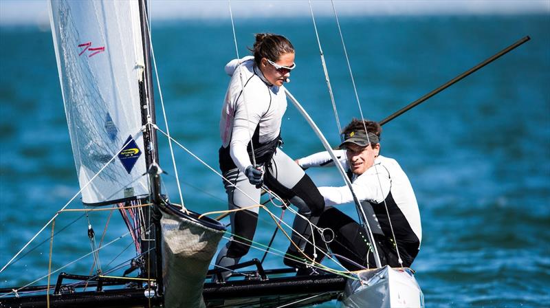 Nico Delle-Karth and Laura Schöfegger (AUT) on day 2 of World Cup Series Miami photo copyright Pedro Martinez / Sailing Energy / World Sailing taken at Coconut Grove Sailing Club and featuring the Nacra 17 class