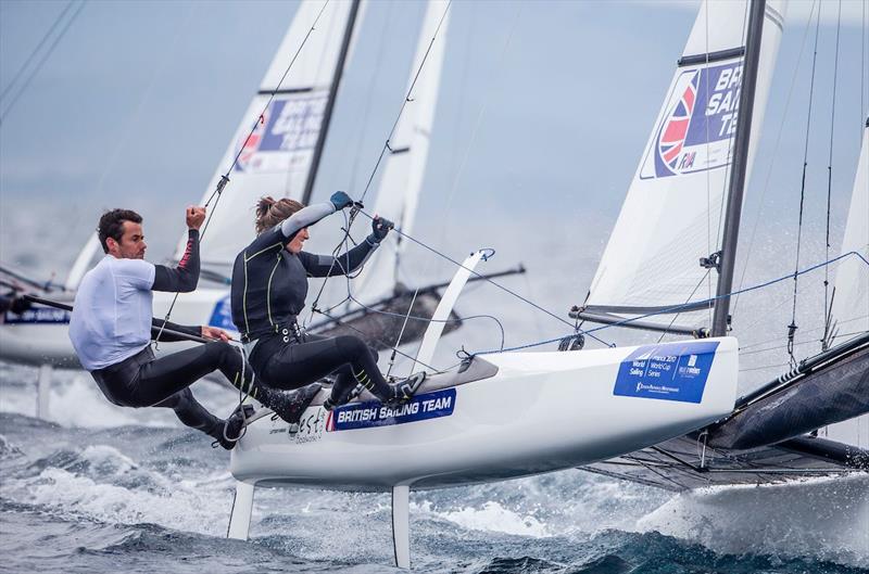 Nacra 17 racing on day 3 of World Cup Hyères photo copyright Jesus Renedo / Sailing Energy taken at COYCH Hyeres and featuring the Nacra 17 class