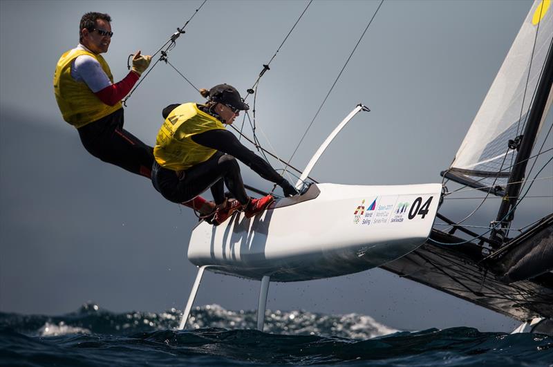 Fernando Echavarri and Tara Pacheco in the Nacra 17 on day 2 of the World Cup Series Final in Santander photo copyright Pedro Martinez / Sailing Energy / World Sailing taken at  and featuring the Nacra 17 class