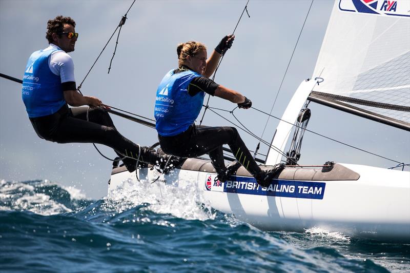 John Gimson and Anna Burnet on day 3 of the World Cup Series Final in Santander photo copyright Pedro Martinez / Sailing Energy / World Sailing taken at  and featuring the Nacra 17 class