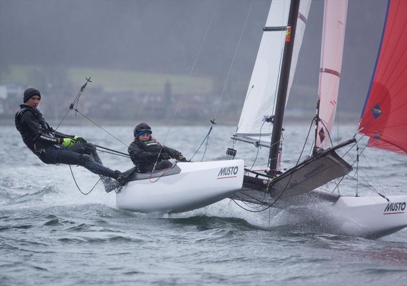 William Smith and Abigail Clarke on day 3 of the 2018 RYA Youth Nationals in Largs photo copyright Marc Turner / RYA taken at Largs Sailing Club and featuring the Nacra 17 class