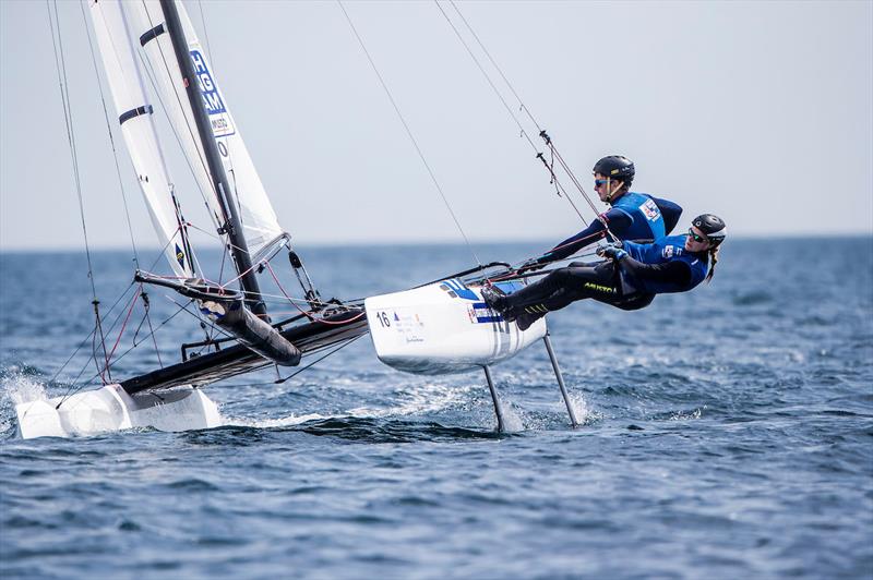 Ben Saxton and Nicola Boniface on day 1 at World Cup Series Hyères photo copyright Jesus Renedo / Sailing Energy / World Sailing taken at COYCH Hyeres and featuring the Nacra 17 class