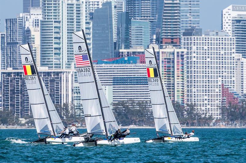 Light conditions prevailed for the opening day of 2018 World Cup Series Miami photo copyright Jesus Renedo / Sailing Energy / ISAF taken at Miami Yacht Club and featuring the Nacra 17 class