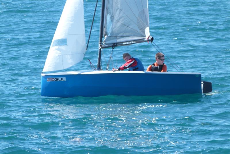 Jon Ibbotson and Jack Gore (at just 9 years of age the youngest ever winner of a silver national points race) during the Gul National 12 Championship at Weymouth photo copyright Frances Copsey taken at Weymouth Sailing Club and featuring the National 12 class