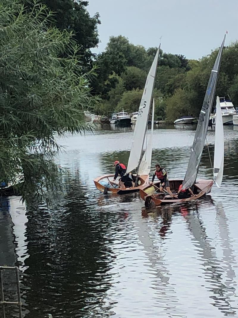 Synchronised tacking on the River Ouse: Vince and Dan Phillips just ahead of Philip David and Oliver Hawthorne during the National 12 'Naburn Paddle' at Yorkshire Ouse photo copyright Fiona Phillips taken at Yorkshire Ouse Sailing Club and featuring the National 12 class