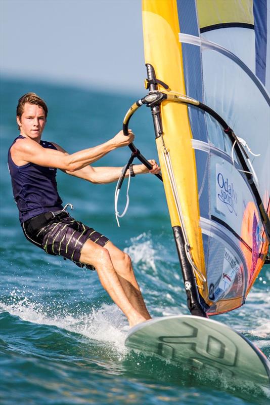 Louis Giard on day 2 of the ISAF Sailing World Cup Final in Abu Dhabi photo copyright Pedro Martinez / Sailing Energy / ISAF taken at  and featuring the RS:X class