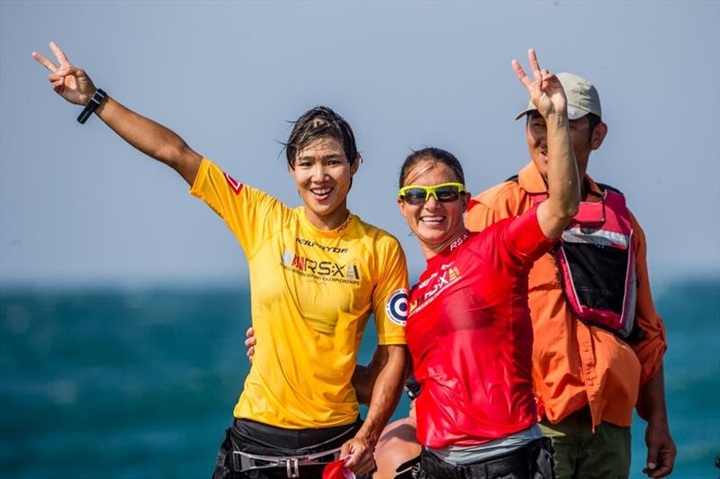 Peina Chen (1st) and Bryony Shaw (2nd) at the RS:X World Championships photo copyright Jesus Renedo / Oman Sail taken at  and featuring the RS:X class