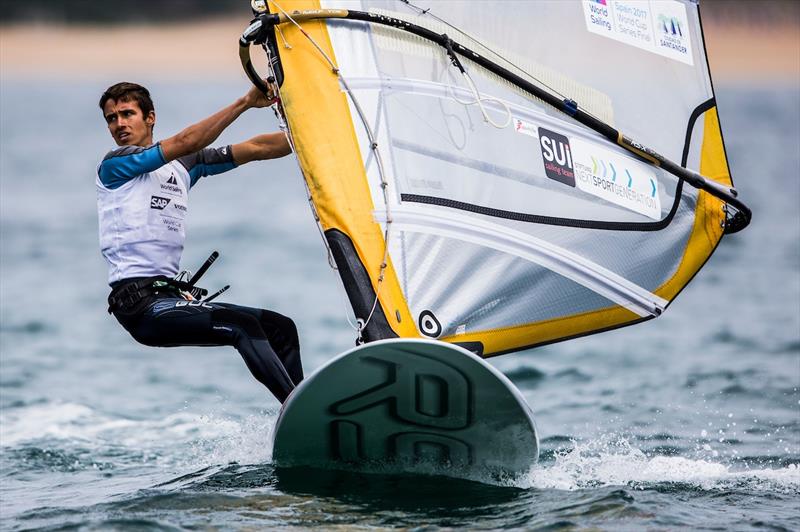Mateo Sanz of Switzerland in the RS:X Men on day 1 of the World Cup Series Final in Santander photo copyright Pedro Martinez / Sailing Energy / World Sailing taken at  and featuring the RS:X class