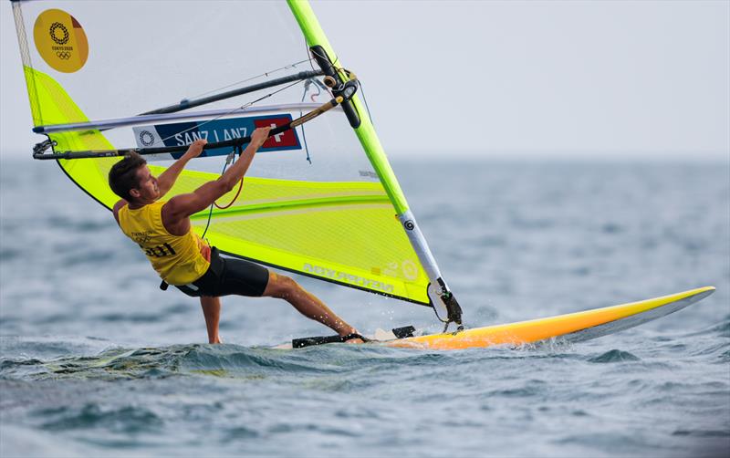 Mateo Sanz Lanz (SUI) in the Men's RS:X on Tokyo 2020 Olympic Sailing Competition Day 2 photo copyright Sailing Energy / World Sailing taken at  and featuring the RS:X class