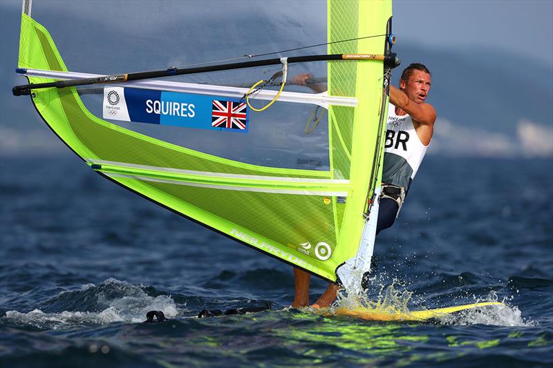 Tom Squires of Team Great Britain competes during the Men's RS:X windsurfing class on day eight of the Tokyo 2020 Olympic Games at Enoshima Yacht Harbour on July 31, 2021 in Fujisawa, Kanagawa, Japan photo copyright Clive Mason / Getty Images taken at  and featuring the RS:X class