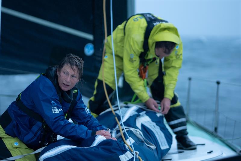 The Ocean Race 2022-23 Leg 5 Day 3 onboard Team Holcim - PRB. Abby Ehler and Sam Goodchild at the bow just after the front to change sails photo copyright The Ocean Race taken at  and featuring the  class