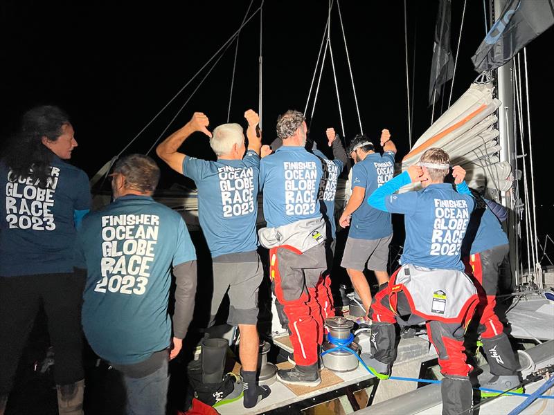 The crew of L'Esprit d'équipe proudly sports new statement t-shirts - photo © Don McIntyre / OGR2023