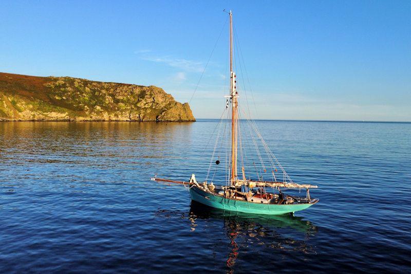 Tallulah, a 44ft pilot cutter, at anchor off Carne beach, Cornwall photo copyright Corin Nelson-Smith taken at  and featuring the Gaffers class