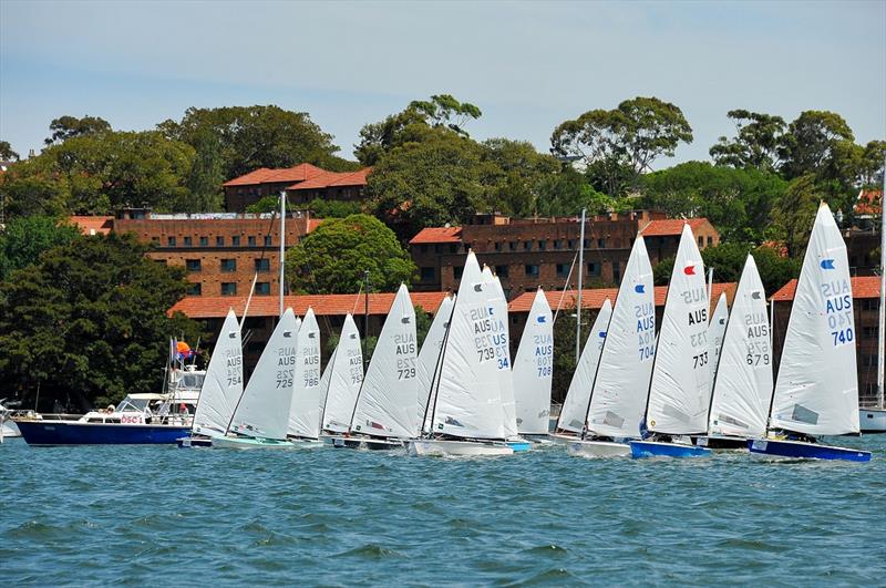 Tim Davies (739) mid-line on the start on day 2 at the Australian OK Nationals photo copyright Bruce Kerridge taken at Drummoyne Sailing Club and featuring the OK class