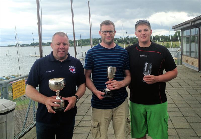 Winner Ed Bradburn (centre) with Tony Woods (left) and Richard ‘Burt' Burton (right) after the OK Dinghy Inland Championship at Rutland photo copyright Rodney Tidd taken at Rutland Sailing Club and featuring the OK class