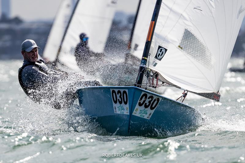 Andy Davis, GBR on day 2 of the 2024 OK Dinghy World Championship Brisbane photo copyright Robert Deaves / www.robertdeaves.uk taken at Royal Queensland Yacht Squadron and featuring the OK class