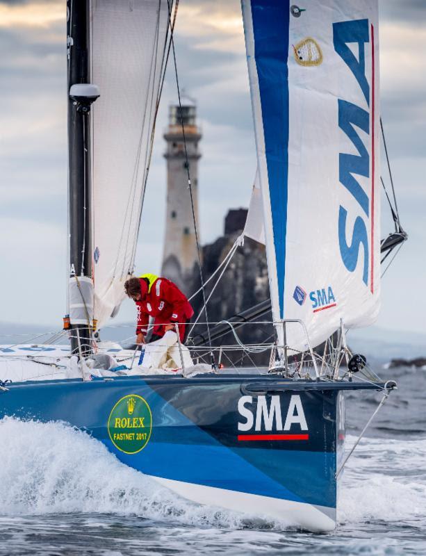 IMOCA 60 triumph for Paul Meilhat and Gwénolé Gahinet on SMA in the Rolex Fastnet Race photo copyright Rolex / Carlo Borlenghi taken at Royal Ocean Racing Club and featuring the IMOCA class