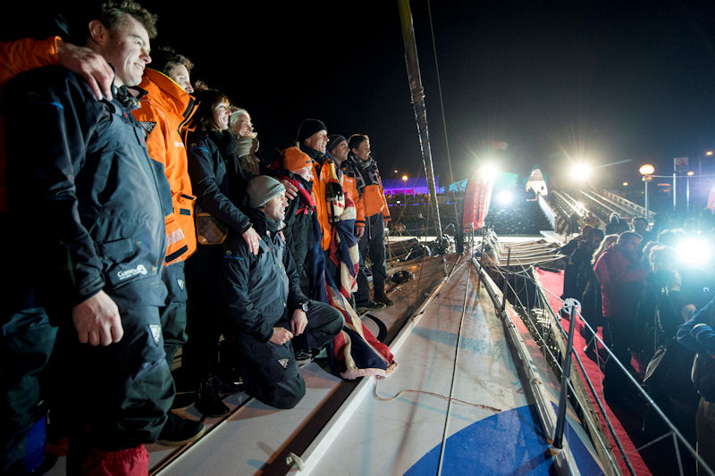 Mike Golding with his team on Gamesa at the finish of the Vendée Globe 2012-2013 photo copyright Vincent Curutchet / Dark Frame / DPPI taken at  and featuring the IMOCA class