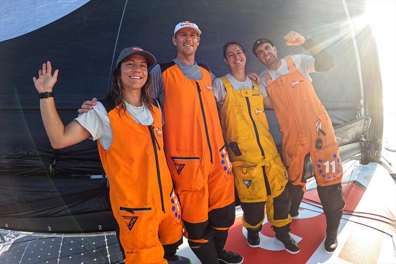 The Malama crew arrives Sunday morning in Bermuda (l to r), Elena Hight, Ian Walsh, Justine Mettraux, and Charlie Enright photo copyright Amory Ross/11th Hour Racing taken at Royal Bermuda Yacht Club and featuring the IMOCA class