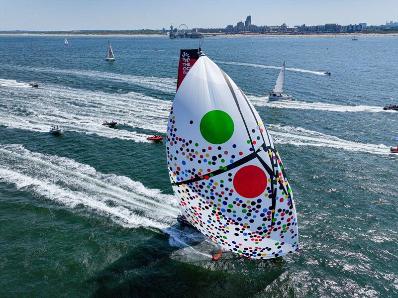 Malizia - Seaexplorer racing into The Hague with her spinnaker designed by artist Sarah Morris - The Ocean Race Leg 6 photo copyright Sailing Energy / The Ocean Race taken at  and featuring the IMOCA class