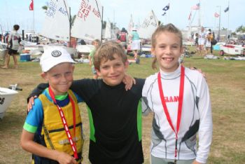 Green Fleet competitors (l to r) Mack Young, Ezra Kaye and Shannon Dalton at the Optimist Australian Championships