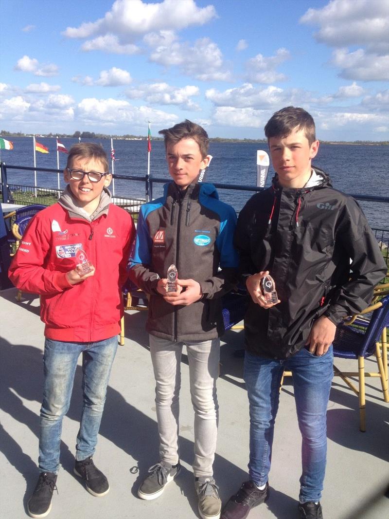 (l-r) Callum Davidson-Guild, Haydn Sewell & Jamie Cook at the Magic Marine Optimist Easter International 2017 photo copyright Alan Williams taken at WV Braassemermeer and featuring the Optimist class