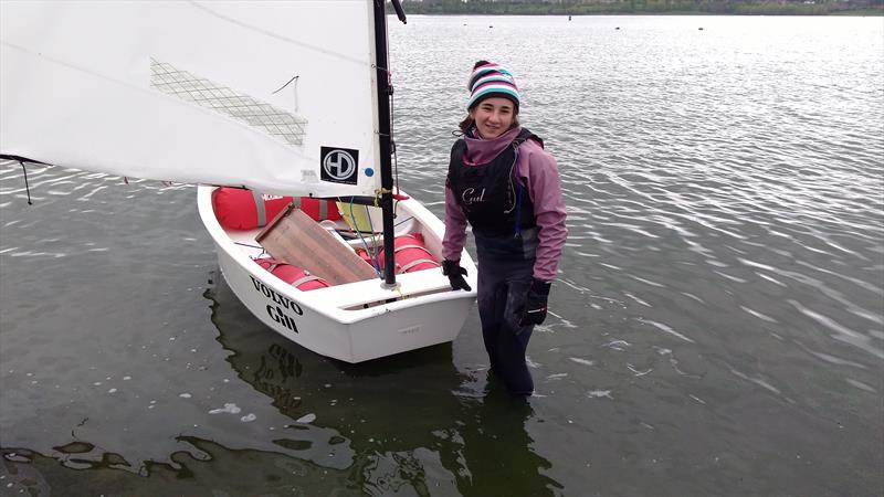 Millie Irish comes ashore after winning the first Bank Holiday Pursuit Race of this year's series photo copyright Paula Irish taken at Draycote Water Sailing Club and featuring the Optimist class