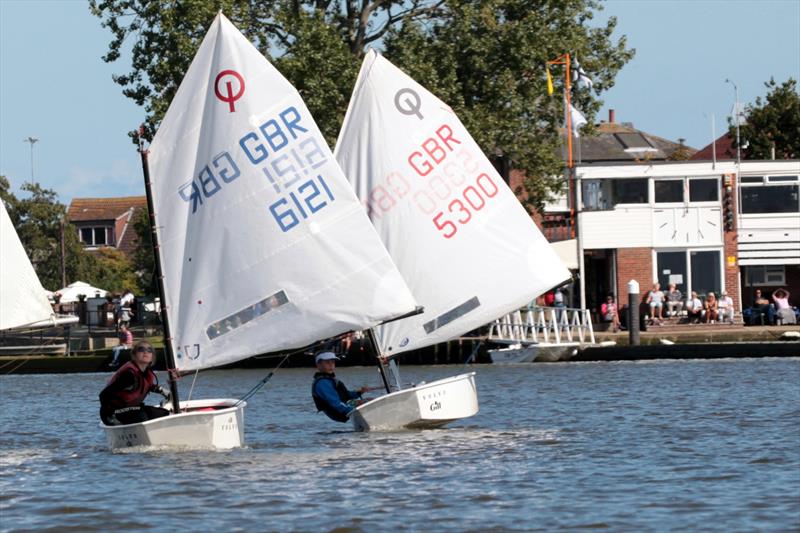 Jemima Gotto (6121) and Milo Clabburn (5300), the 1st two in the Slow Handicap fleet at the Broadland Youth Regatta photo copyright Robin Myerscough taken at Waveney & Oulton Broad Yacht Club and featuring the Optimist class