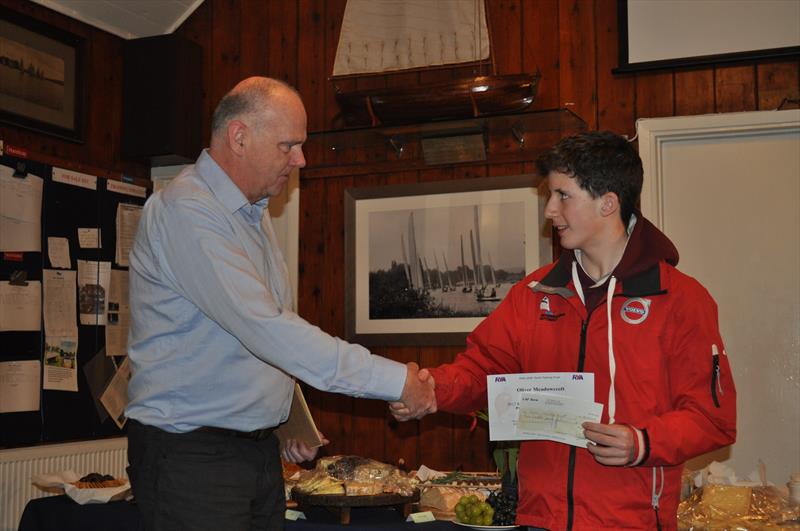Ollie Meadowcroft (Upper Thames) is presented with his performance and coaching bursary from the South East Youth Training Fund (YTF) photo copyright Mike Haigh taken at Upper Thames Sailing Club and featuring the Optimist class
