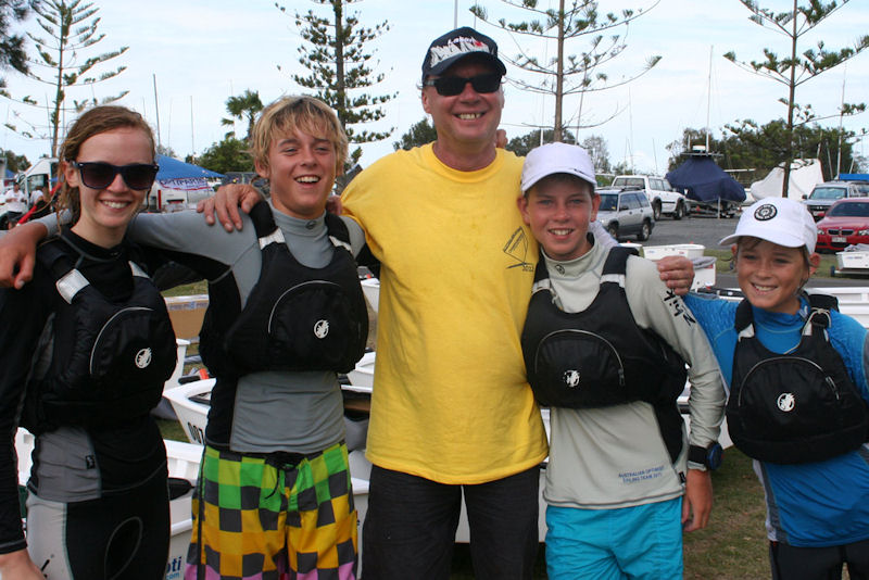 Team WA win the Australian Optimist Teams Racing Championship (l to r) Annalle Davies, Alistair Young, coach Mike Davies, Richard Maher and Elliot Young