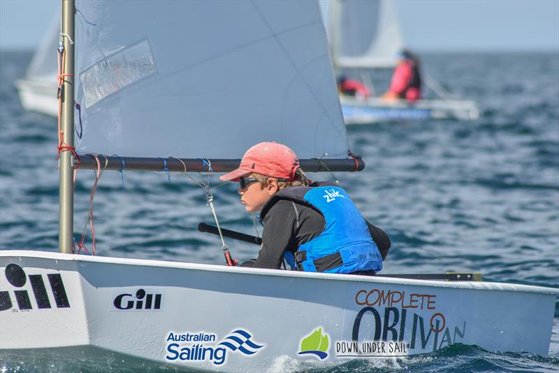 Ian Irwin racing in the Optimist Open fleet - 2018 South Australian Youth Championships photo copyright Harry Fisher taken at Largs Bay Sailing Club and featuring the Optimist class