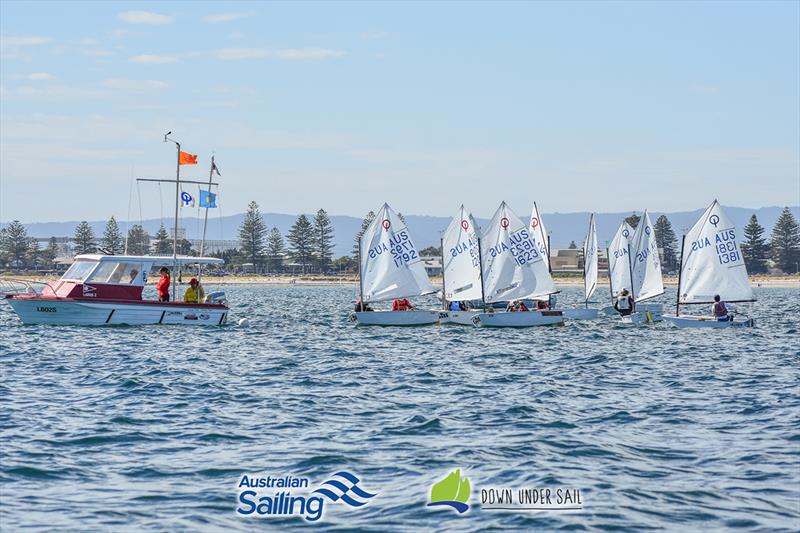 Optimist racing was close on day one - 2018 South Australian Youth Championships photo copyright Harry Fisher taken at Largs Bay Sailing Club and featuring the Optimist class