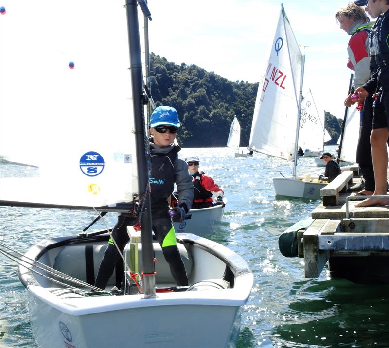  Green / Rainbow fleet receiving Easter Eggs - Day 3 - Toyota NZ Optimist National Championships - April 2, 2018 photo copyright Christel Hopkins taken at Queen Charlotte Yacht Club and featuring the Optimist class