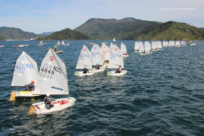 Start line - Day 3 - Toyota NZ Optimist National Championships - April 2, 2018 photo copyright Lamirana Photography taken at Queen Charlotte Yacht Club and featuring the Optimist class