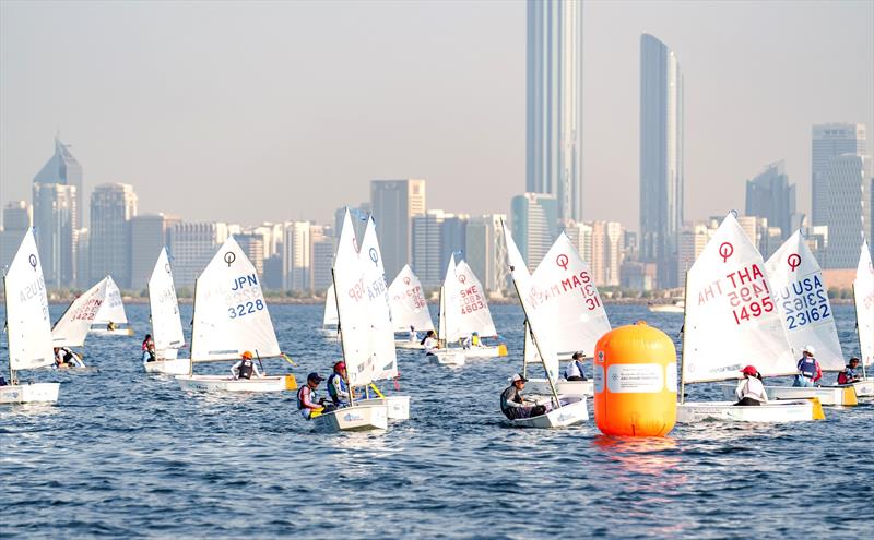 The Abu Dhabi skyline provides an impressive backgdrop at the 2023 Optimist Asian and Oceanian Championship photo copyright Craig Strydom taken at Abu Dhabi Marine Sports Club and featuring the Optimist class