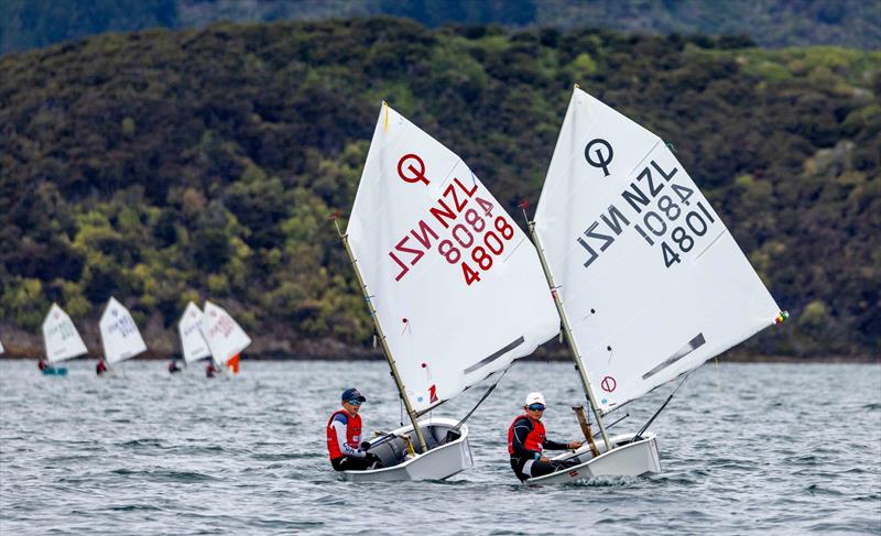 Winner Matteo Barker (4808) with second overall, Nathan Sopher (4801) - Toyota New Zealand Optimist National Championships. Queen Charlotte Yacht Club. April 2024 photo copyright Suellen Hurling taken at Queen Charlotte Yacht Club and featuring the Optimist class