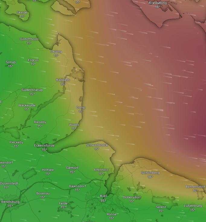 2023 ORC World Championship - The Windy app shows predicted breezy conditions for Kiel Bucht at 1900 CET Monday evening: yellow shading is 20 knots, orange 25 knots and red is 40 knots of wind with higher gusts - photo © Offshore Racing Congress