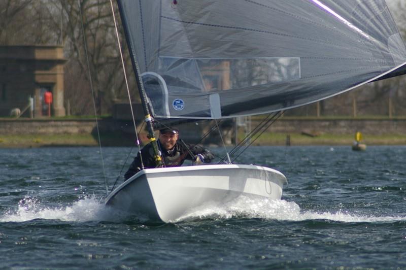 Teeth gritted ready for that risky gybe during the Phantom Open at Island Barn photo copyright Jim Champ taken at Island Barn Reservoir Sailing Club and featuring the Phantom class