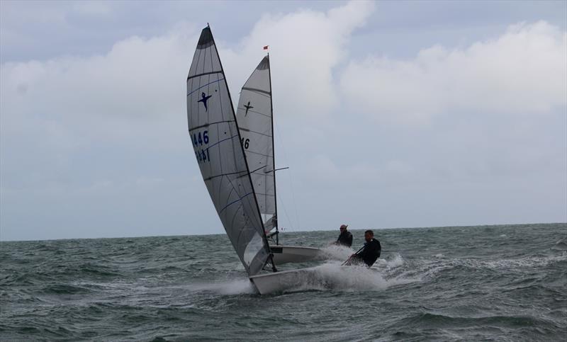 High winds on day 1 of the Phantom Nationals at Highcliffe photo copyright Sarah Desjonqueres taken at Highcliffe Sailing Club and featuring the Phantom class