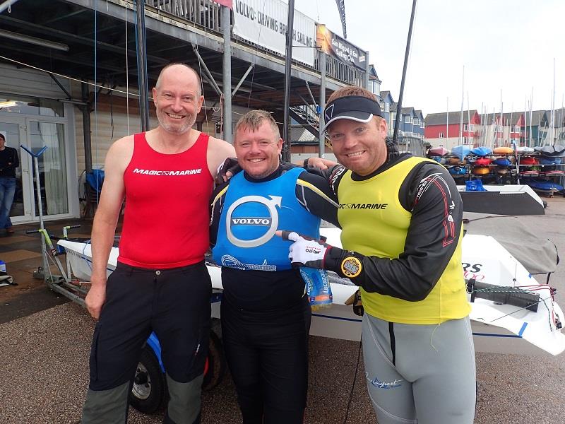 Andy, Steve and Al modelling their leaders bibs during the Volvo Noble Marine RS100 Nationals at Exe photo copyright David Smart taken at Exe Sailing Club and featuring the RS100 class