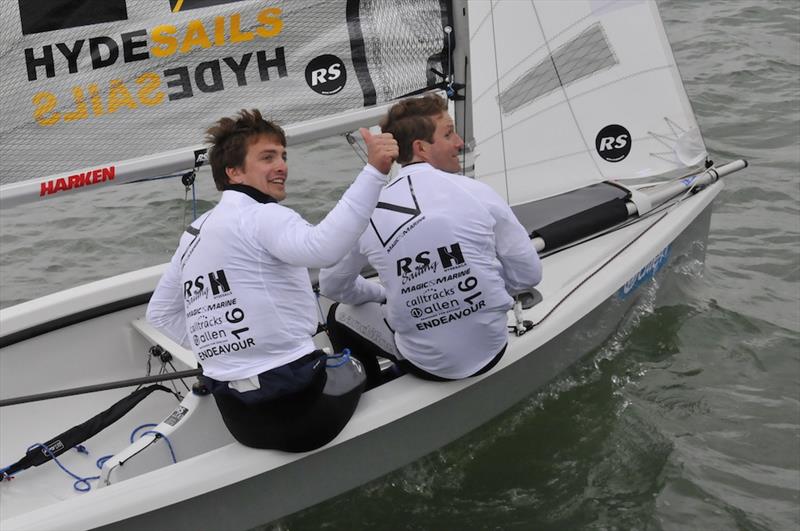A jubilant Ben Saxton and Toby Lewis in the lead at the Endeavour Trophy 2016 photo copyright Julio Graham taken at Royal Corinthian Yacht Club, Burnham and featuring the RS200 class