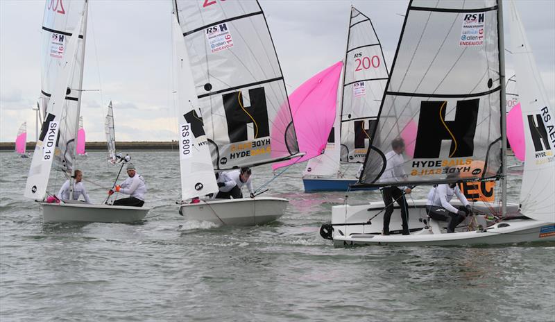 Leeward mark action at the lead at the Endeavour Trophy 2016 photo copyright Roger Mant taken at Royal Corinthian Yacht Club, Burnham and featuring the RS200 class