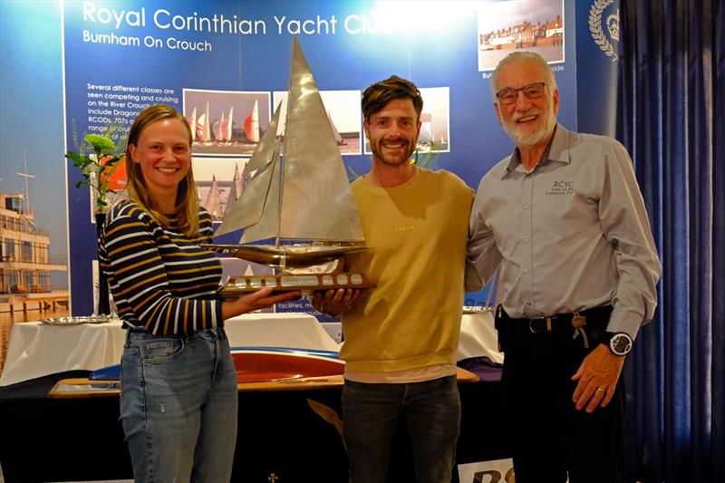 Edwin Buckley, race director, presents the solid silver Endeavour Trophy to Luke Patience and Mary Henderson at the 60th Endeavour Trophy photo copyright Roger Mant taken at Royal Corinthian Yacht Club, Burnham and featuring the RS200 class