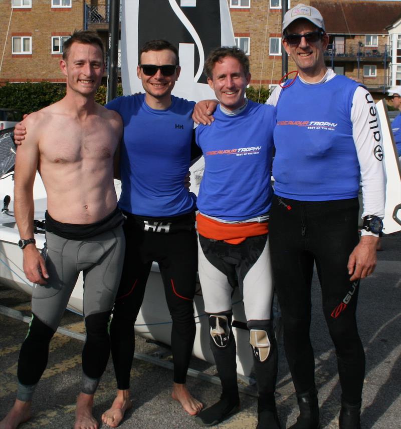 Endeavour 2023: from right to left) Nick Craig and Toby Lewis (2023 Endeavour champions) celebrate with second placed Matt Mee and Chris Martin (GP14) photo copyright Sue Pelling taken at Royal Corinthian Yacht Club, Burnham and featuring the RS200 class