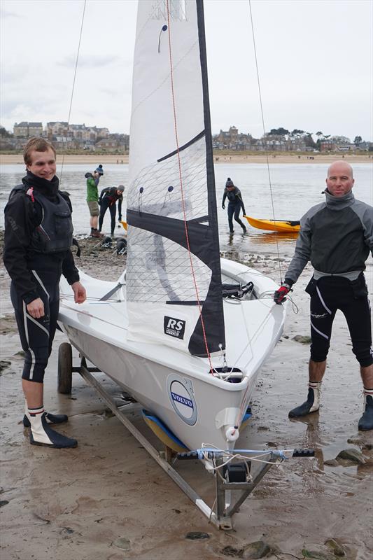 Ben Wilcox (left) and Jim Sinclair, prepare to launch for the Lifeboat Pennant race at East Lothian photo copyright Derek Braid taken at East Lothian Yacht Club and featuring the RS400 class