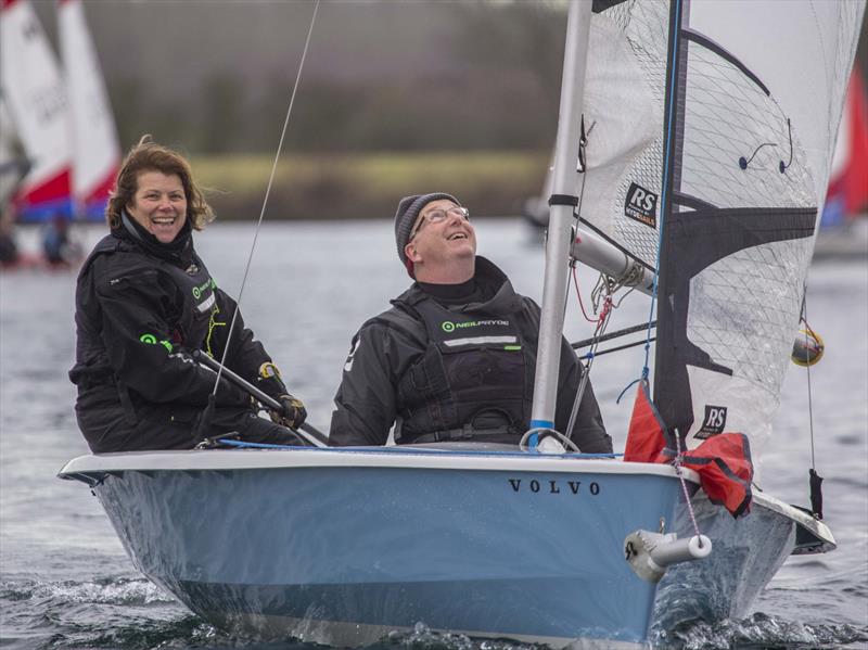 Katheryn Hinsliff Smith and Ross Ryan enjoying a mid race break during the Notts County First of Year Charity Race photo copyright David Eberlin taken at Notts County Sailing Club and featuring the RS400 class
